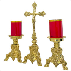 Candeleros Y Cruz Barroco Pie Leon Vasos Rojos Cruz De 49 Cm Bronce