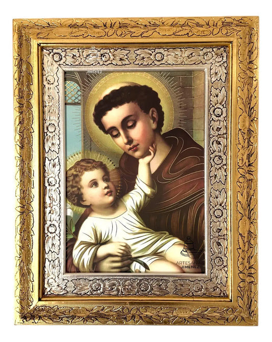 Cuadro de San Antonio de Padua de 60x47 cm, acabado combinado oro y plata, hecho en México