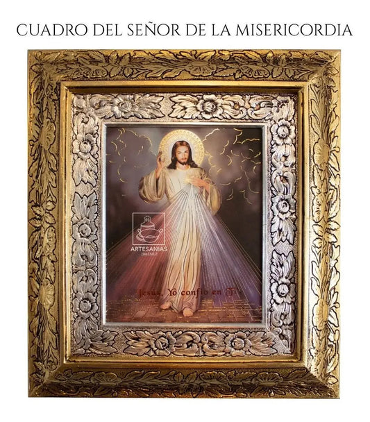 Cuadro religioso del Señor de la Misericordia, 45x40 cm, acabado combinado oro y plata