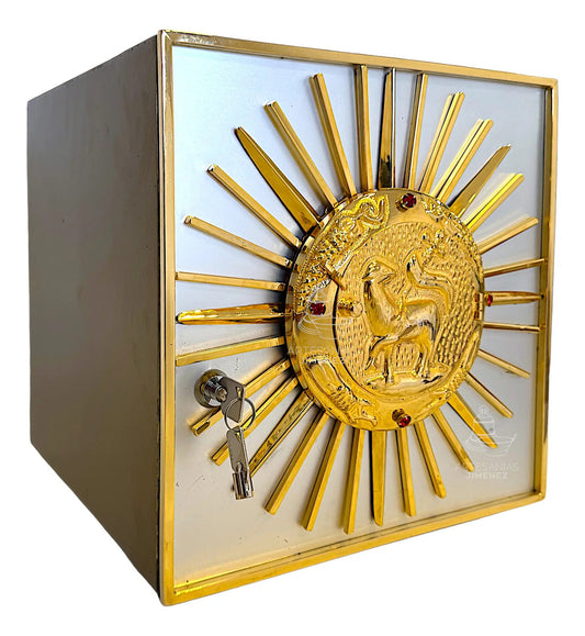 Sagrario católico Cordero de Dios con expositor y baño de níquel y oro, hecho a mano en México