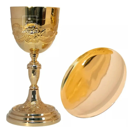 Cáliz para iglesia o capilla rosas y espinas con patena, de latón con baño de oro, hecho a mano en México