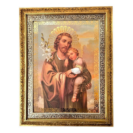 Cuadro de San José de 90x70 cm, acabado combinado oro y plata, hecho a mano en México