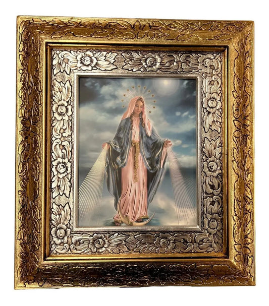 Cuadro de la Virgen de la Medalla Milagrosa, 45x40 cm, acabado combinado oro y plata
