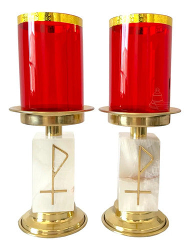 Square Golden Stone Red Glass Altar Table Candlesticks