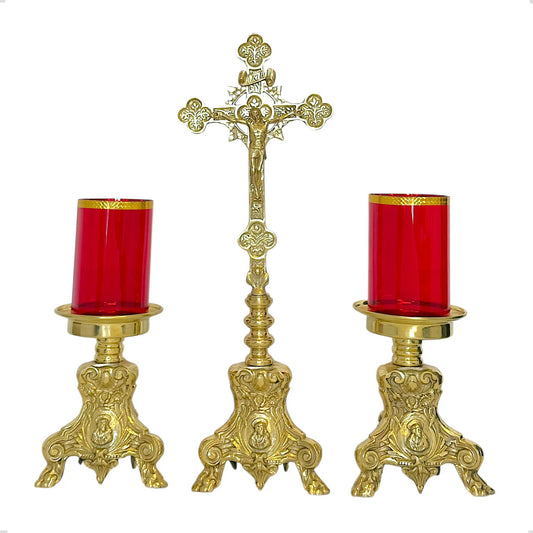 Candeleros y cruz barroca de 65 cm, pie de león y vasos rojos, bronce, hecho a mano en México