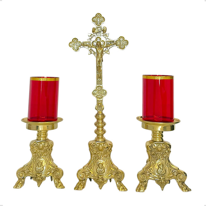 Candeleros Y Cruz Barroco Pie Leon Vasos Rojos Cruz De 65 Cm Bronce