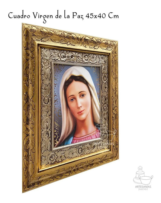 Cuadro de la Virgen de la Paz de 45x40 cm, acabado combinado oro y plata, hecho a mano en México