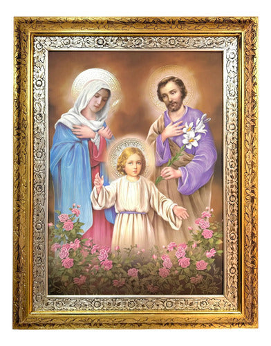 Cuadro Sagrada Familia 90x70 Cm M2 Madera Hoja De Oro Y Plata