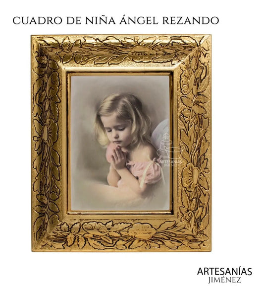 Cuadro de niña ángel rezando, 31x26 cm, acabado combinado oro y plata