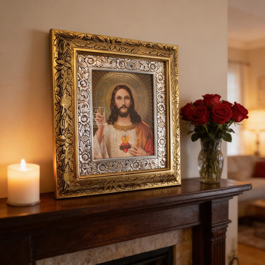 Cuadro del Sagrado Corazón de Jesús, 45x40 cm, acabado combinado oro y plata, hecho en México