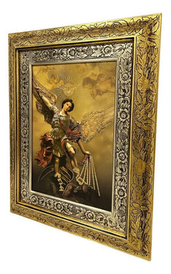 Cuadro De San Miguel Arcangel 60x47 Cm Filos Dorados Combinado Oro Y Plata Oro Y Plata