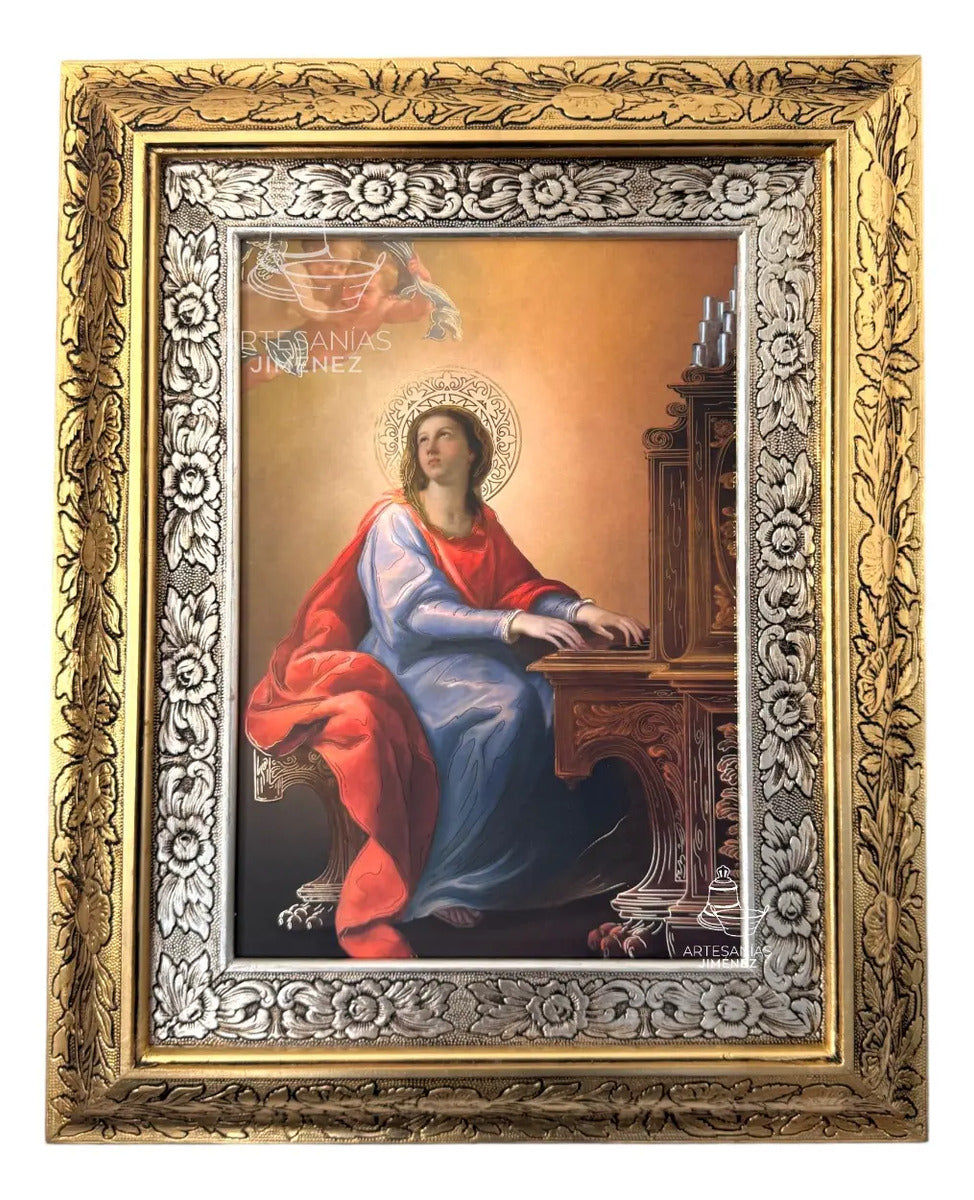 Cuadro de Santa Cecilia de 60x47 cm, acabado combinado oro y plata, hecho en México