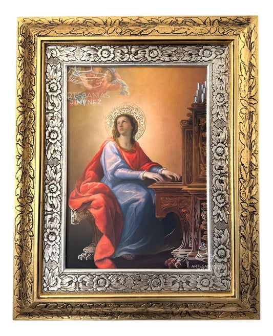 Cuadro de Santa Cecilia de 60x47 cm, acabado combinado oro y plata, hecho en México
