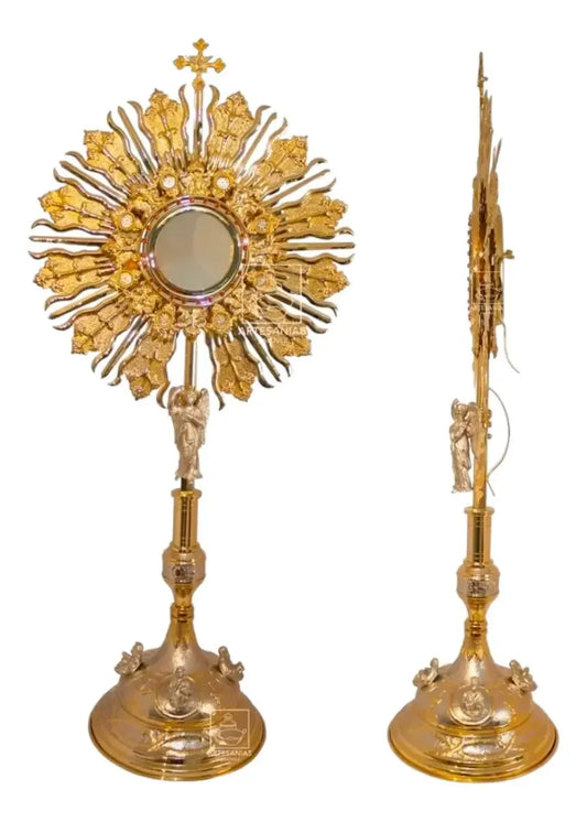 Custodia del Santísimo de 1.44 m, modelo sol tradicional, en latón con baño de oro, hecha a mano en México