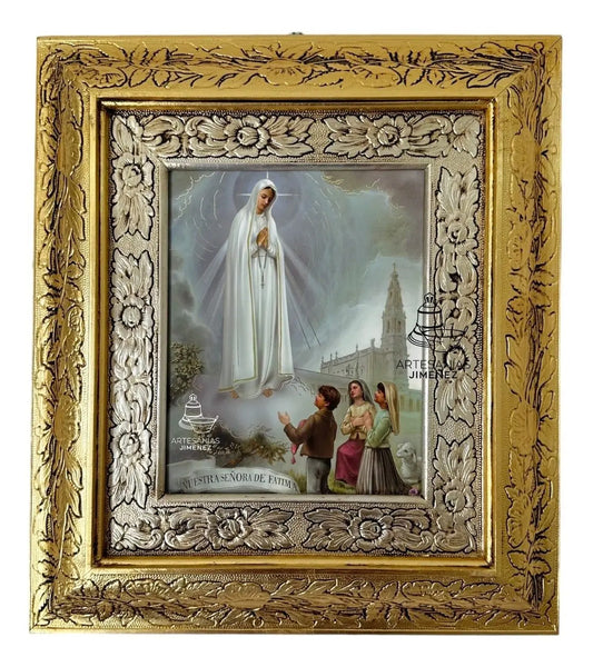 Cuadro de la Virgen de Fátima, 45x40 cm, acabado combinado oro y plata