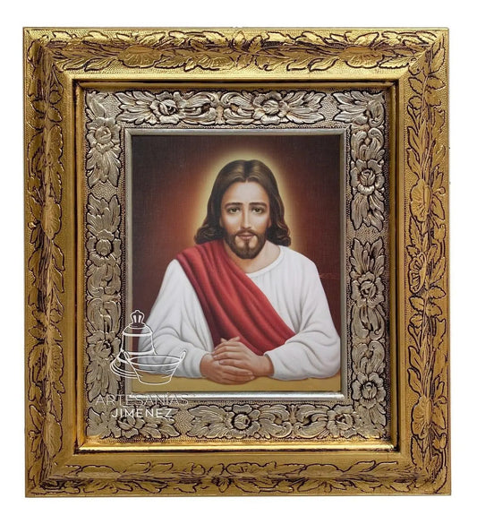 Cuadro de Jesús Salvador del Hombre, 45x40 cm, acabado combinado oro y plata