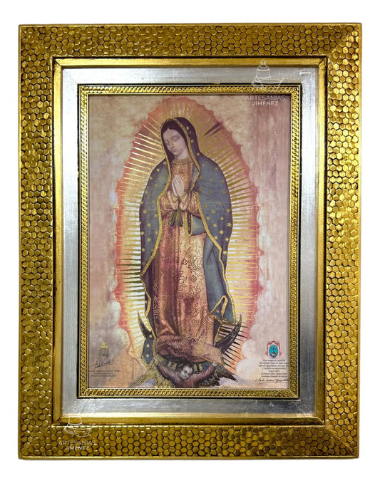 Cuadro de la Virgen de Guadalupe original, 59x46 cm, acabado dorado y plateado