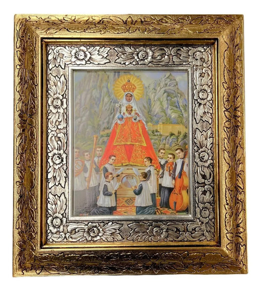 Cuadro de la Virgen de Montserrat de 45x40 cm, acabado combinado oro y plata, hecho en México