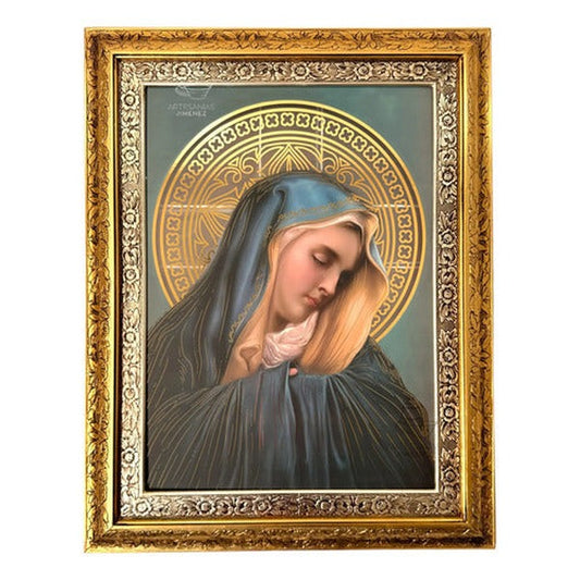 Cuadro de la Dolorosa de 90x70 cm, acabado combinado oro y plata, hecho a mano en México