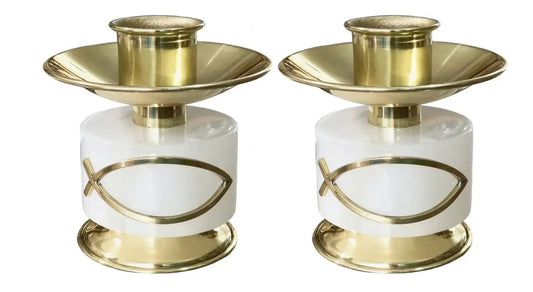 Candeleros para cirio con ónix y símbolo de pez, bronce y latón, hecho a mano en México