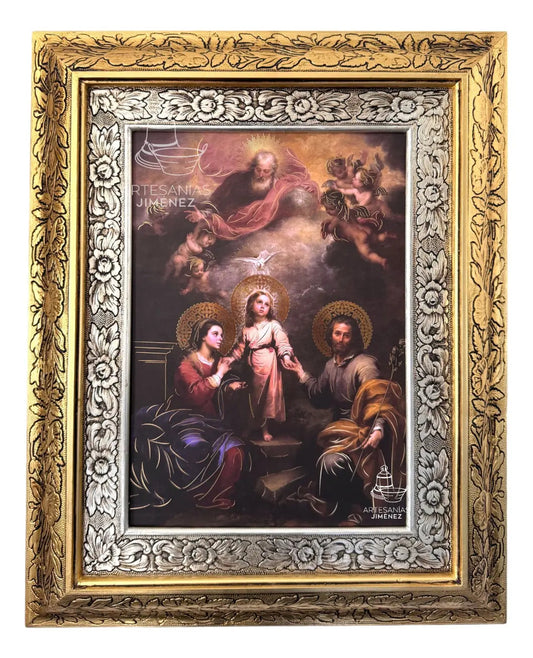 Cuadro de la Sagrada Familia de 60x47 cm, acabado combinado oro y plata, hecho en México