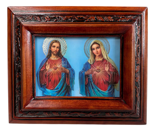 Cuadro Dulce Corazon De Maria Y Jesus Madera De Pino 22x19cm Color Nogal