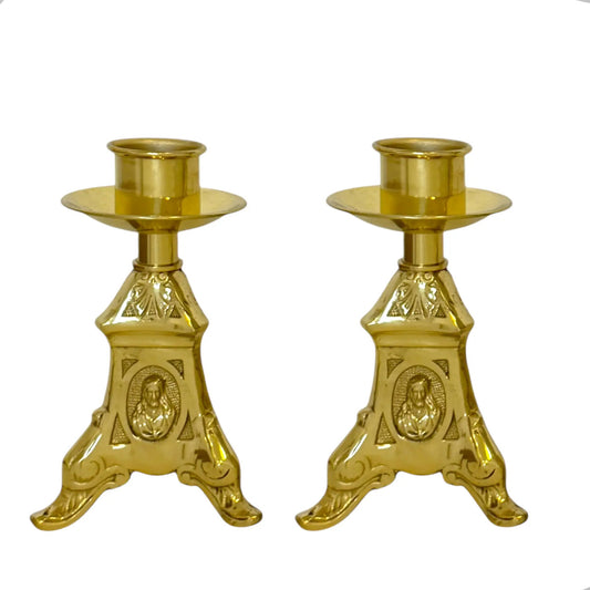 Candeleros de mesa religiosos modelo barroco en bronce natural, hecho a mano en México