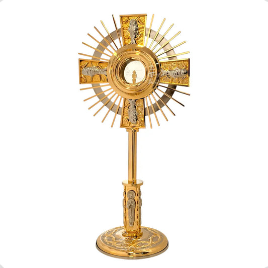 Custodia eucarística de 69 cm con símbolos de los evangelistas, con baño de oro, hecha a mano en México