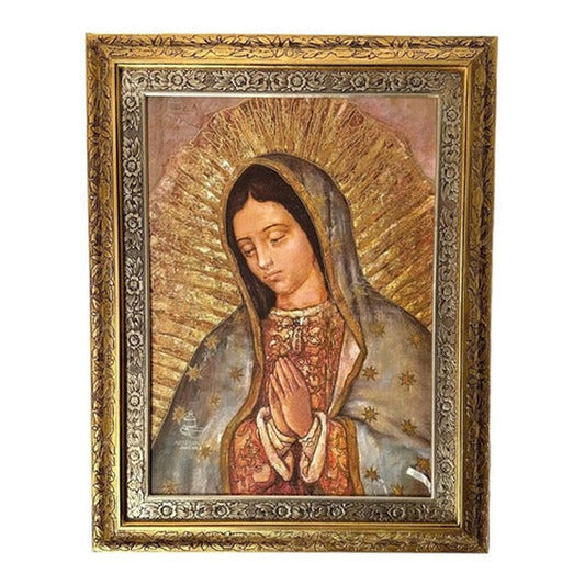 Cuadro del busto de la Virgen de Guadalupe modelo italiano, 90x70 cm, acabado combinado oro y plata