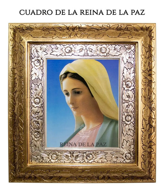 Cuadro de la Reina de la Paz, 45x40 cm, acabado combinado oro y plata