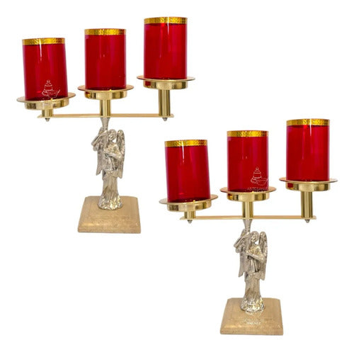 Candeleros De Mesa Para Altar Angel De Bronce De 3 Luces Plateado