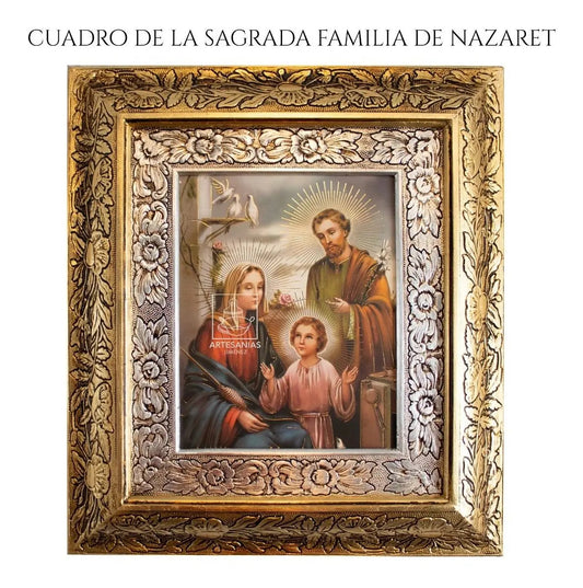 Cuadro de la Sagrada Familia de Nazaret, 45x40 cm, acabado combinado oro y plata