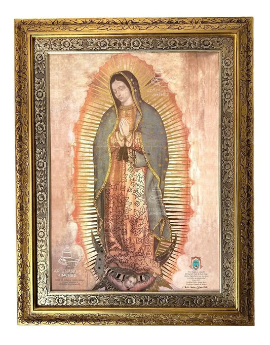Cuadro de la Virgen de Guadalupe de 90x70 cm con firma de Carlos Aguiar Retes, acabado oro y plata