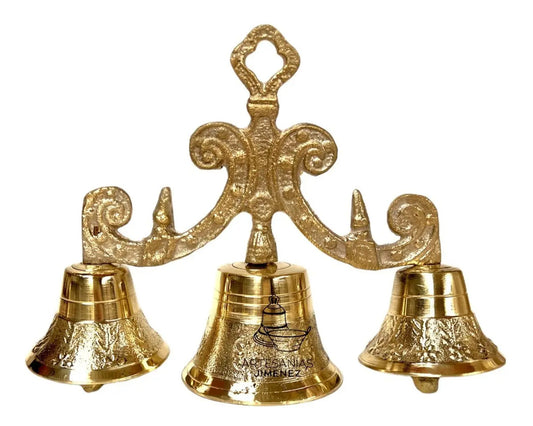 Campana de mano de bronce con 3 campanillas, fundida a mano en México