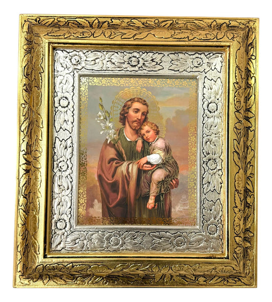 Cuadro de San José y el Niño Jesús, 45x40 cm, acabado combinado oro y plata