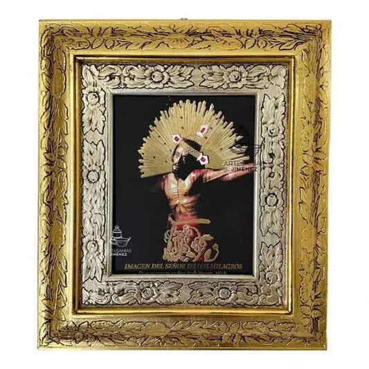 Cuadro del Señor de los Milagros, 45x40 cm, acabado combinado oro y plata