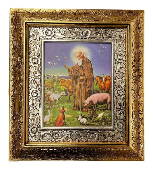 Cuadro religioso de San Antonio Abad con marco, acabado combinado oro y plata