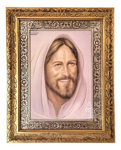 Cuadro Rostro De Jesús Sonriente De 60x47 Cm, Oro Y Plata Con Marco Combinado Oro Plata Oro Plata