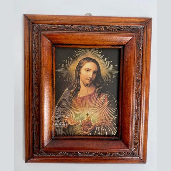 Cuadro del Sagrado Corazón de Jesús, acabado nogal, hecho a mano en México