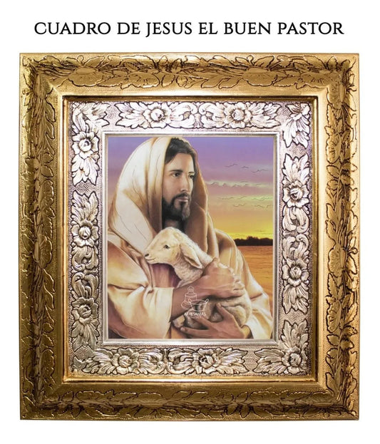 Cuadro de Jesús el Buen Pastor, 60x47 cm, acabado combinado oro y plata