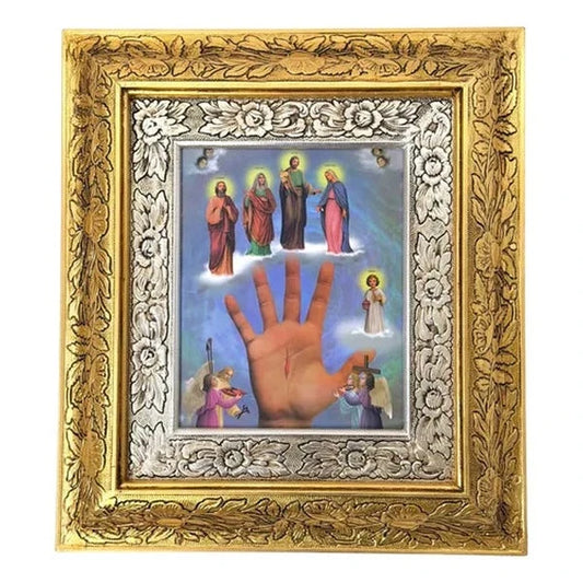 Cuadro de madera de la Mano Poderosa, 45x40 cm, acabado combinado oro y plata