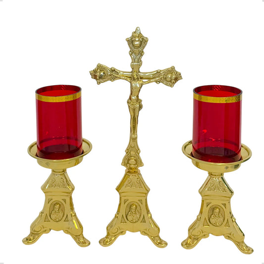 Candeleros y cruz de mesa barroco de bronce con vasos rojos, hecho a mano en México
