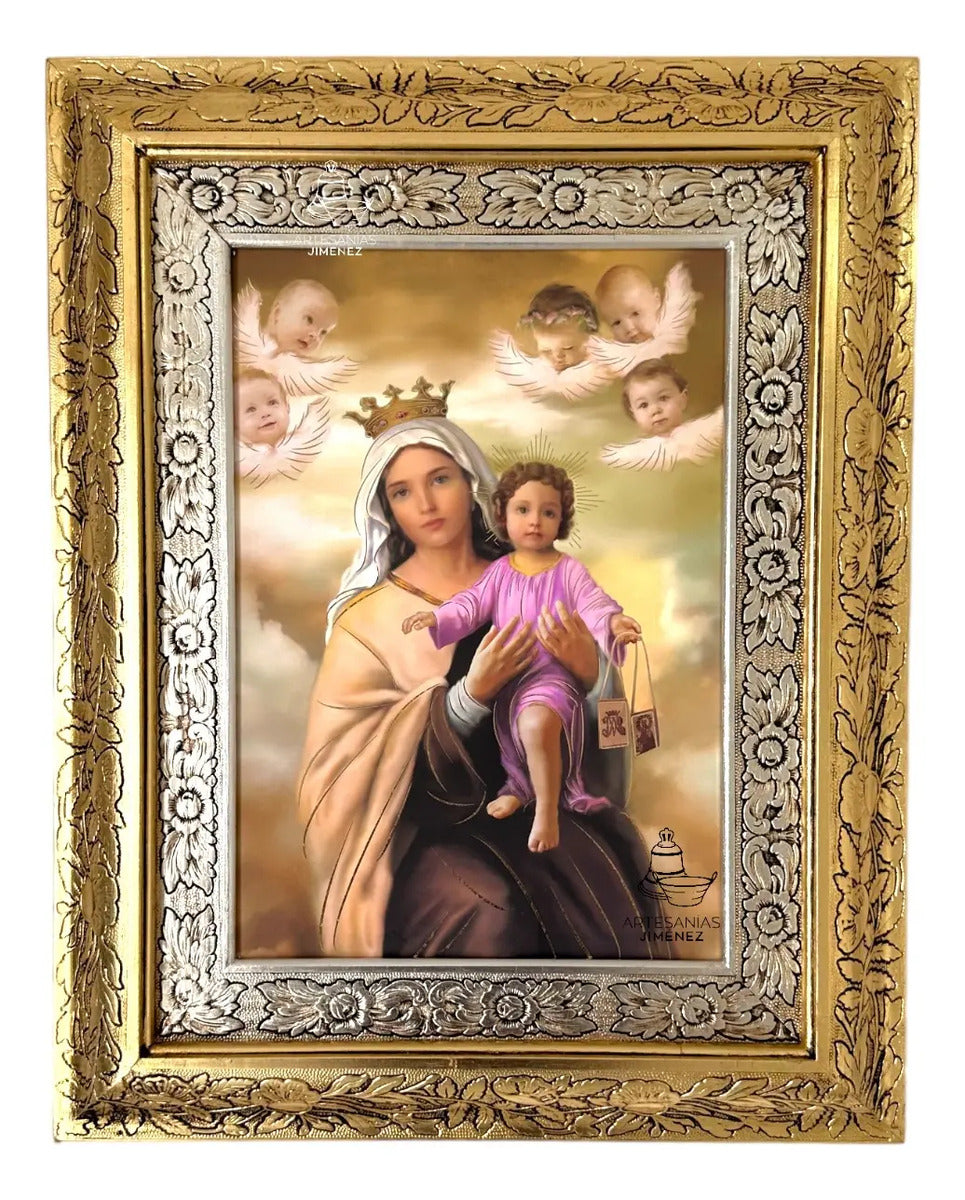 Cuadro de la Virgen del Carmen de 60x47 cm, acabado combinado oro y plata, hecho a mano en México