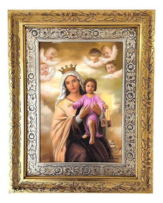 Cuadro de la Virgen del Carmen de 60x47 cm, acabado combinado oro y plata, hecho a mano en México