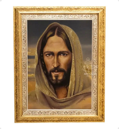 Cuadro Divino Rostro De Jesús 90x70 Cm T322 Combinado Oro Y Plata Oro Y Plata