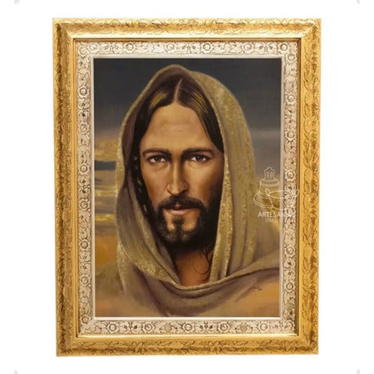 Cuadro del Divino Rostro de Jesús de 90x70 cm, acabado combinado oro y plata, hecho a mano en México