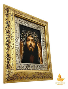 Cuadro Rostro De Cristo Jesús 45x40 Cm Combinado Oro Y Plata Oro Y Plata