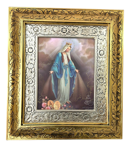 Cuadro de la Virgen de la Medalla Milagrosa, 45x40 cm, acabado combinado oro y plata