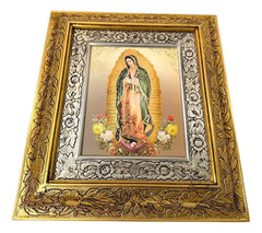Cuadro Virgen De Guadalupe Rosas 45x40cm C014 Virgen Con Arco De Flores Oro Y Plata