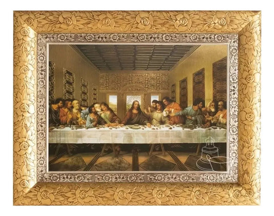Cuadro de la Última Cena, 92x73 cm, acabado combinado oro y plata, hecho a mano en México